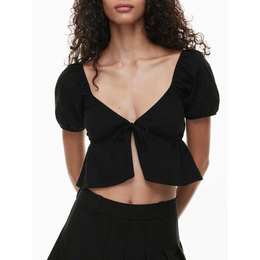 Aritzia Sunday Best Kaia Black Puff Sleeve Cropped Blouse Women’s Size Medium